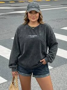 SHEIN CURVE+ Women's New Distressed Snow-Washed Round Neck Long Sleeve Letter Print Casual Black T-Shirt Fall - Black - View 4