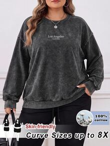 SHEIN CURVE+ Women's New Distressed Snow-Washed Round Neck Long Sleeve Letter Print Casual Black T-Shirt Fall - Black - View 1