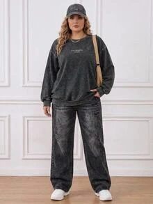 SHEIN CURVE+ Women's New Distressed Snow-Washed Round Neck Long Sleeve Letter Print Casual Black T-Shirt Fall - Black - View 8