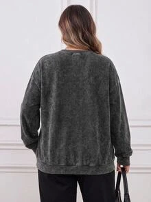 SHEIN CURVE+ Women's New Distressed Snow-Washed Round Neck Long Sleeve Letter Print Casual Black T-Shirt Fall - Black - View 2