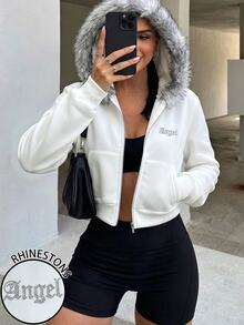 Rovax Women's Letter Pattern Casual Daily Plush Patchwork Sweatshirt - White - View 1
