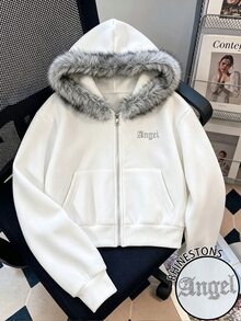 Rovax Women's Letter Pattern Casual Daily Plush Patchwork Sweatshirt - White - View 5