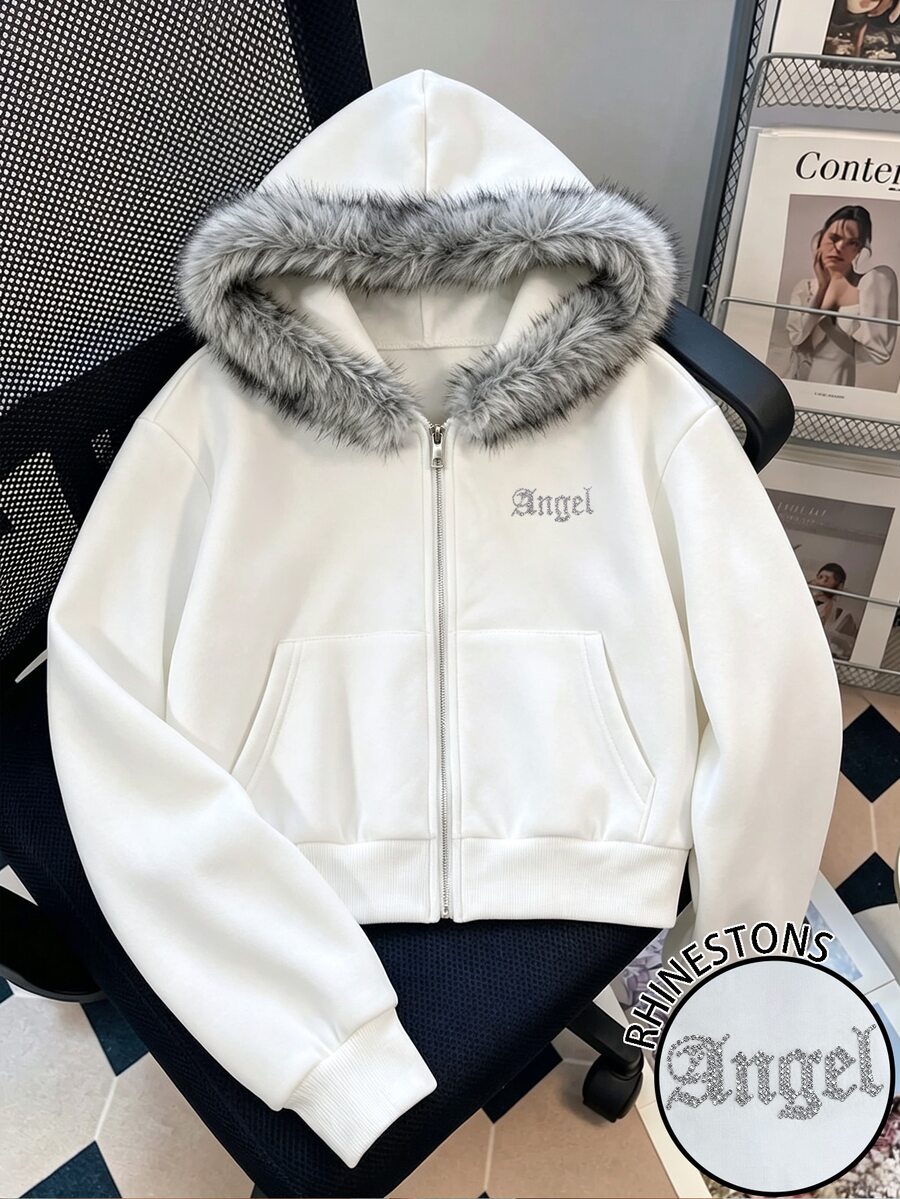 Rovax Women's Letter Pattern Casual Daily Plush Patchwork Sweatshirt - White - View 1
