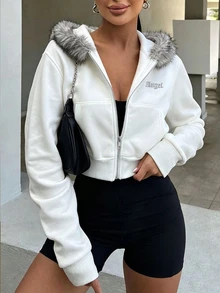 Rovax Women's Letter Pattern Casual Daily Plush Patchwork Sweatshirt - White - View 6