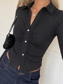 SHEIN EZwear 經典波點元素小波點長袖白色針織修身女款T恤，秋季上衣，適合日常通勤、約會、聚會，秋/冬/春/夏，聖誕節、新年、感恩節、派對、婚禮、海灘 - 彩色 - 查看 6
