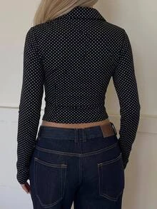 SHEIN EZwear 經典波點元素小波點長袖白色針織修身女款T恤，秋季上衣，適合日常通勤、約會、聚會，秋/冬/春/夏，聖誕節、新年、感恩節、派對、婚禮、海灘 - 彩色 - 查看 2