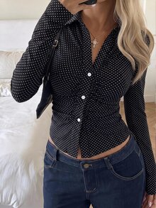 SHEIN EZwear 經典波點元素小波點長袖白色針織修身女款T恤，秋季上衣，適合日常通勤、約會、聚會，秋/冬/春/夏，聖誕節、新年、感恩節、派對、婚禮、海灘 - 彩色 - 查看 1