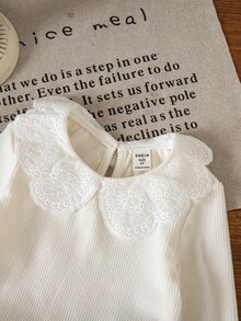 SHEIN 女童小女孩純色圓領長袖套頭上衣，百搭舒適秋冬款 - 米色 - 查看 6