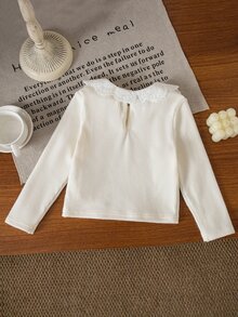SHEIN 女童小女孩純色圓領長袖套頭上衣，百搭舒適秋冬款 - 米色 - 查看 5