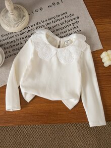 SHEIN 女童小女孩純色圓領長袖套頭上衣，百搭舒適秋冬款 - 米色 - 查看 4