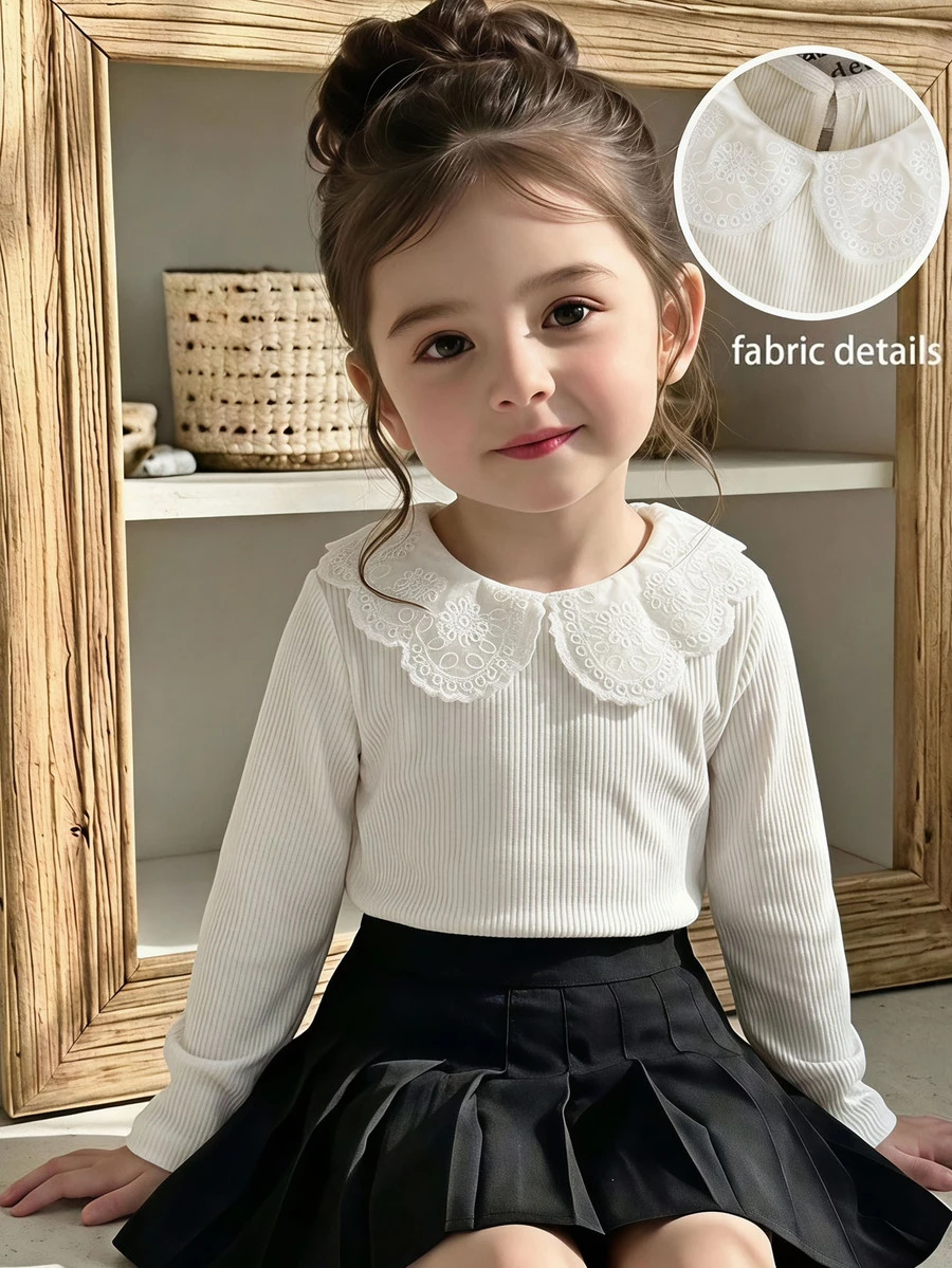SHEIN 女童小女孩純色圓領長袖套頭上衣,百搭舒適秋冬款 - 米色 - 查看 1