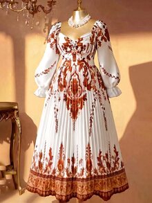 Rometta 女款大尺碼復古星空 1920 年代波希米亞風全白定位印花優雅百褶長袖 V 領高腰飄逸晚禮服 - 杏色 - 查看 8
