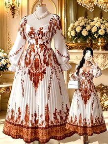 Rometta 女款大尺碼復古星空 1920 年代波希米亞風全白定位印花優雅百褶長袖 V 領高腰飄逸晚禮服 - 杏色 - 查看 3