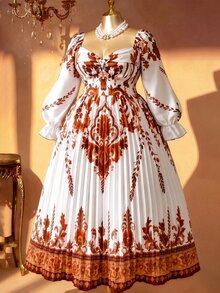 Rometta 女款大尺碼復古星空 1920 年代波希米亞風全白定位印花優雅百褶長袖 V 領高腰飄逸晚禮服 - 杏色 - 查看 12