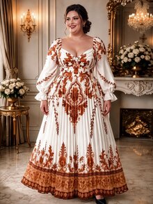 Rometta 女款大尺碼復古星空 1920 年代波希米亞風全白定位印花優雅百褶長袖 V 領高腰飄逸晚禮服 - 杏色 - 查看 1