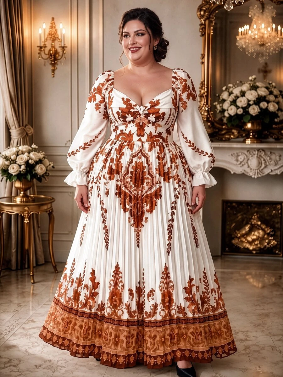 Rometta 女款大尺碼復古星空 1920 年代波希米亞風全白定位印花優雅百褶長袖 V 領高腰飄逸晚禮服 - 杏色 - 查看 1