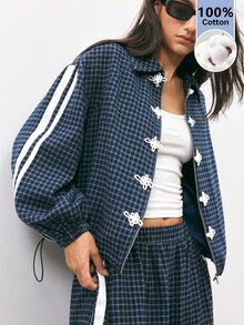 Maija Women's Plaid Side Stripe Button Front Casual Regular Fit Jacket - Navy Blue - View 6