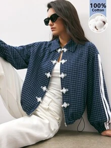 Maija Women's Plaid Side Stripe Button Front Casual Regular Fit Jacket - Navy Blue - View 7