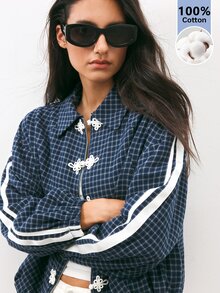 Maija Women's Plaid Side Stripe Button Front Casual Regular Fit Jacket - Navy Blue - View 4