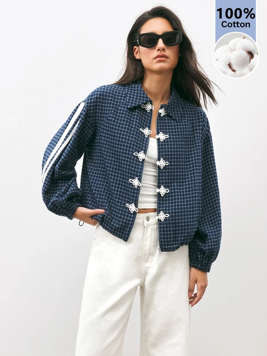 Maija Women's Plaid Side Stripe Button Front Casual Regular Fit Jacket - Navy Blue - View 1