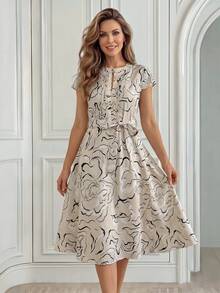 Miaspire Beige Striped Print Ruched Front Mid-Length Floral Dress, New Spring/Summer Vacation Party Ninang Wedding For Mom Elegant Modest,Ork Outfits Women - Beige - View 6