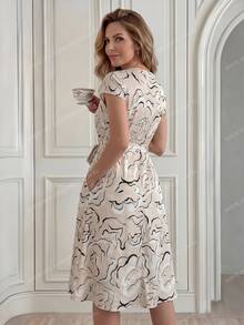 Miaspire Beige Striped Print Ruched Front Mid-Length Floral Dress, New Spring/Summer Vacation Party Ninang Wedding For Mom Elegant Modest,Ork Outfits Women - Beige - View 3