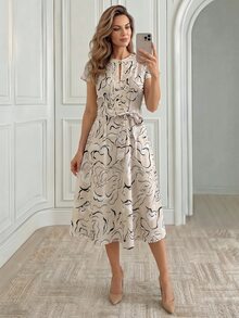 Miaspire Beige Striped Print Ruched Front Mid-Length Floral Dress, New Spring/Summer Vacation Party Ninang Wedding For Mom Elegant Modest,Ork Outfits Women - Beige - View 8