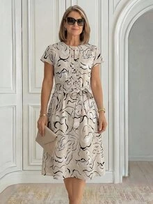 Miaspire Beige Striped Print Ruched Front Mid-Length Floral Dress, New Spring/Summer Vacation Party Ninang Wedding For Mom Elegant Modest,Ork Outfits Women - Beige - View 2