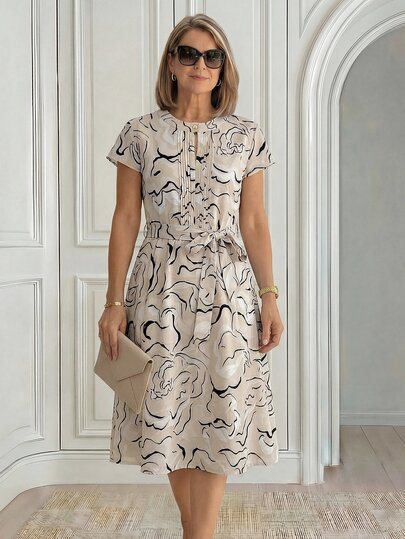 Miaspire Beige Striped Print Ruched Front Mid-Length Floral Dress, New Spring/Summer Vacation Party Ninang Wedding For Mom Elegant Modest,Ork Outfits Women