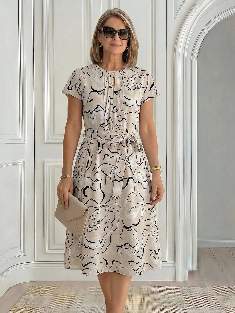 Miaspire Beige Striped Print Ruched Front Mid-Length Floral Dress, New Spring/Summer Vacation Party Ninang Wedding For Mom Elegant Modest,Ork Outfits Women