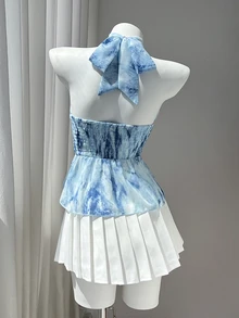 Elamini 女款春夏休閒度假風荷葉邊拼接四層雪紡波點印花優雅顯瘦抓皺修身前綁帶上衣，適合沙灘穿搭 - 藍色 - 查看 2