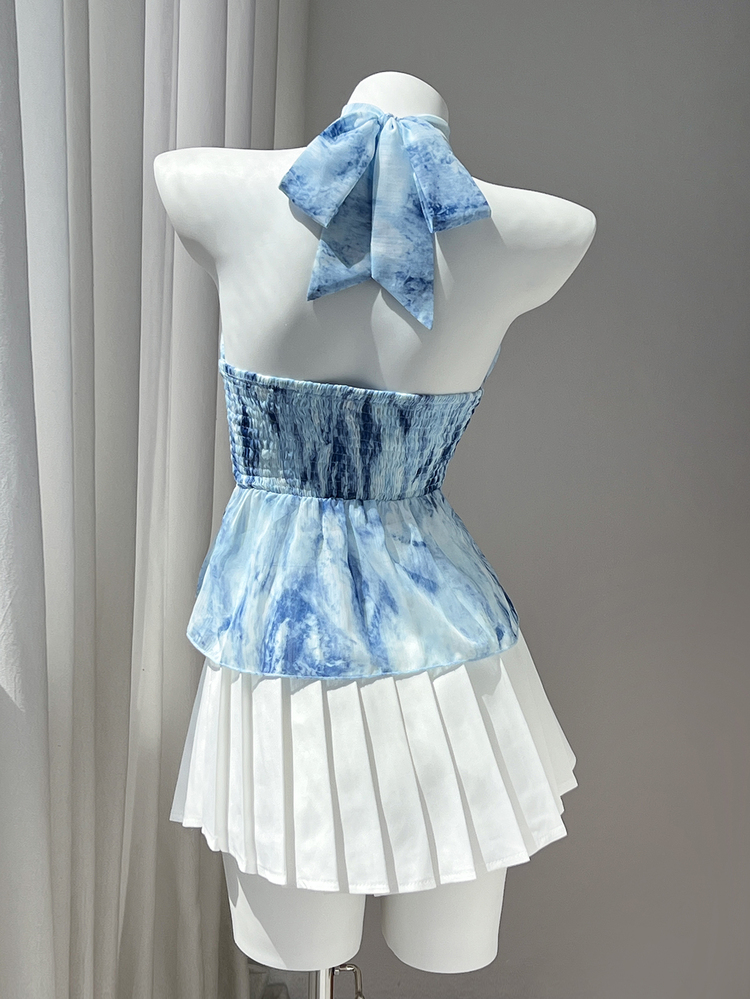 Elamini Women's Spring/Summer Casual Vacation Style Ruffle Patchwork 4-Layer Chiffon Polka Dot Print Elegant Slimming Ruched Fitted Tie-Front Blouse For Beach Wear - Blue - View 2