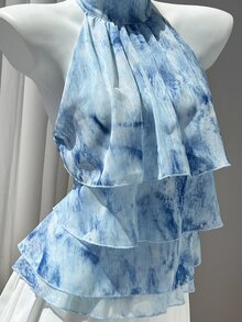Elamini 女款春夏休閒度假風荷葉邊拼接四層雪紡波點印花優雅顯瘦抓皺修身前綁帶上衣，適合沙灘穿搭 - 藍色 - 查看 7