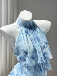 Elamini 女款春夏休閒度假風荷葉邊拼接四層雪紡波點印花優雅顯瘦抓皺修身前綁帶上衣，適合沙灘穿搭 - 藍色 - 查看 6