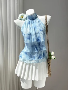 Elamini 女款春夏休閒度假風荷葉邊拼接四層雪紡波點印花優雅顯瘦抓皺修身前綁帶上衣，適合沙灘穿搭 - 藍色 - 查看 4