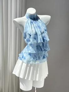 Elamini 女款春夏休閒度假風荷葉邊拼接四層雪紡波點印花優雅顯瘦抓皺修身前綁帶上衣，適合沙灘穿搭 - 藍色 - 查看 5