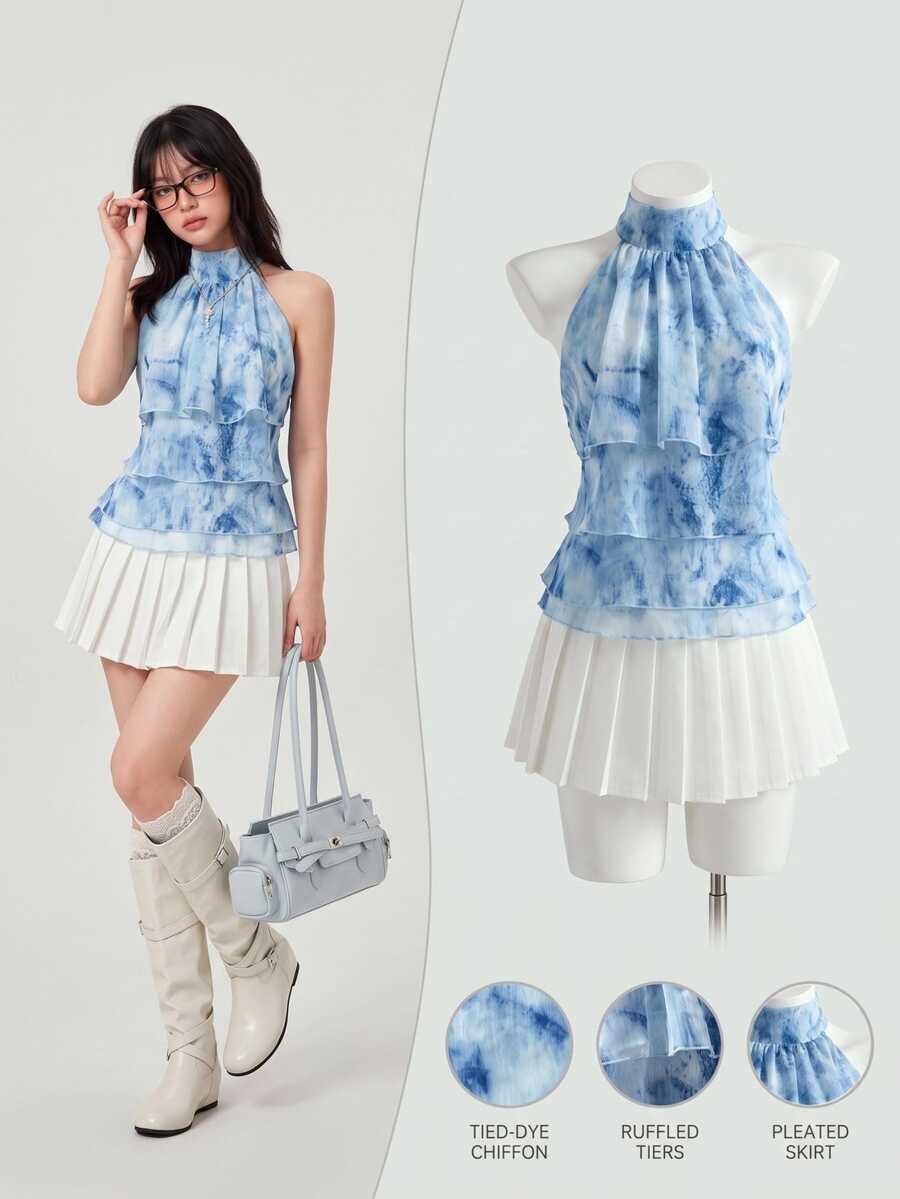 Elamini 女款春夏休閒度假風荷葉邊拼接四層雪紡波點印花優雅顯瘦抓皺修身前綁帶上衣,適合沙灘穿搭 - 藍色 - 查看 1