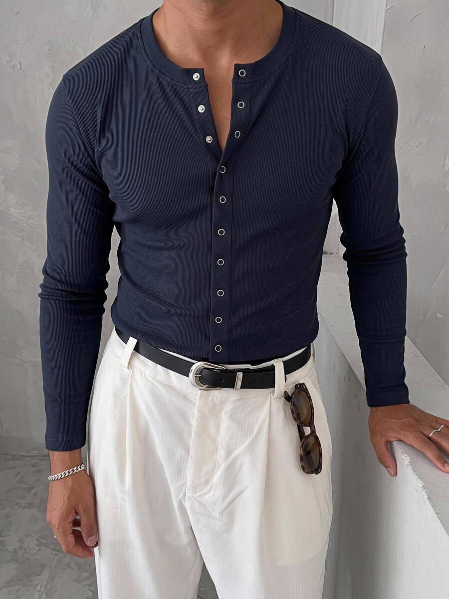 Mainfolk Men's Solid Color Crew Neck Long Sleeve Single-Breasted Casual T-Shirt - Multicolor - View 1