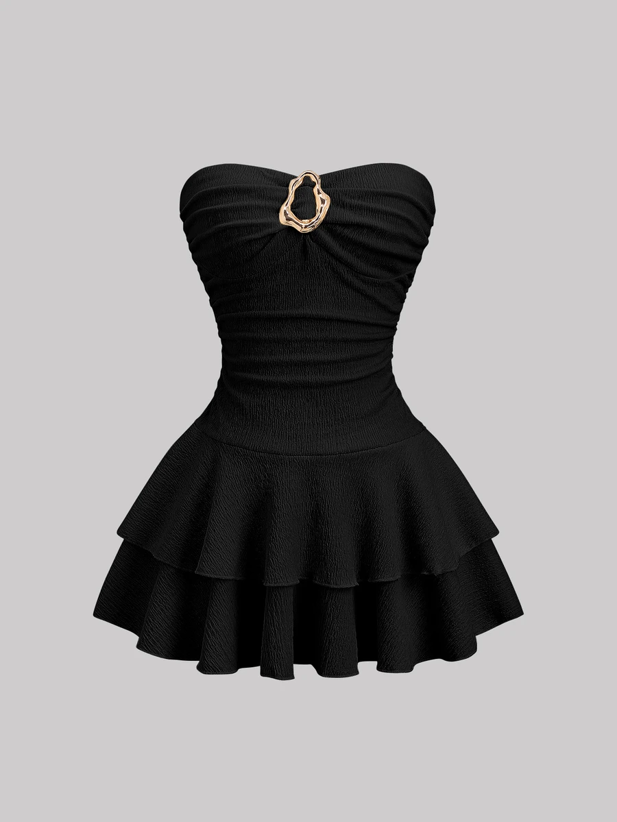 Sweetra Women's Elegant Strapless Double-Layer Mini Dress - Black - View 1