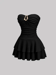 Sweetra Women's Elegant Strapless Double-Layer Mini Dress - Black - View 4
