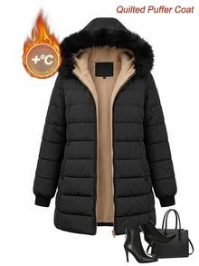 Reflora Plus Size Autumn/Winter Thermal Lined Hooded Fur Collar Padded Coat Winter Clothes Winter Jacket Fleece-Lined For Warmth - Black - View 11
