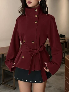 Aloruh 卡其色收腰短款女款風衣，適合秋冬穿搭 - 酒紅色 - 查看 6