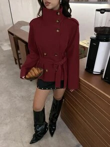 Aloruh 卡其色收腰短款女款風衣，適合秋冬穿搭 - 酒紅色 - 查看 7