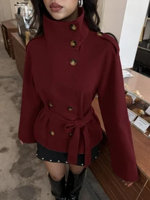 Aloruh 卡其色收腰短款女款風衣，適合秋冬穿搭 - 酒紅色 - 查看 4