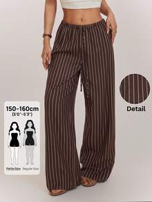 SHEIN PETITE Brown Striped Straight-Leg Trousers For Petite Women – Loose, Casual, And Suitable For Work. - Brown - View 1