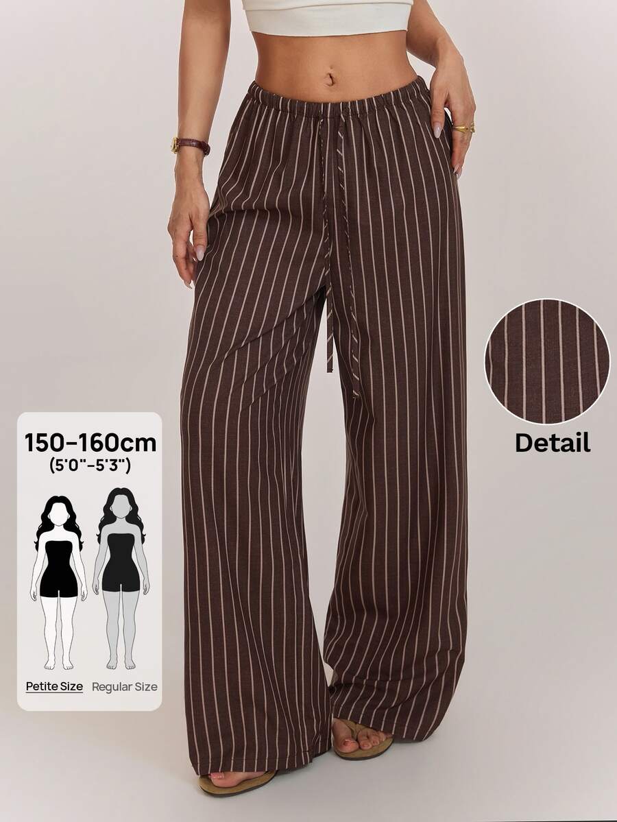 SHEIN PETITE Brown Striped Straight-Leg Trousers For Petite Women – Loose, Casual, And Suitable For Work. - Brown - View 1