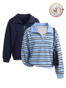 SHEIN 2件組女款韓式休閒半拉鍊 Polo 領運動衫，復古條紋與純色海軍藍，寬鬆落肩長袖秋季上衣 - 彩色 - 查看 5