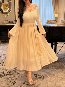 DAZY Women's Lace Patchwork Casual Party & Travel Long Dress Fall - Apricot - View 5