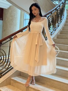 DAZY Women's Lace Patchwork Casual Party & Travel Long Dress Fall - Apricot - View 6