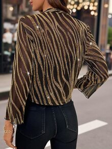 Editum 女款全印花休閒優雅百搭長袖開襟衫，適合日常、夜晚派對、外出，新年黑色金配色秋季款 - 金色 - 查看 8